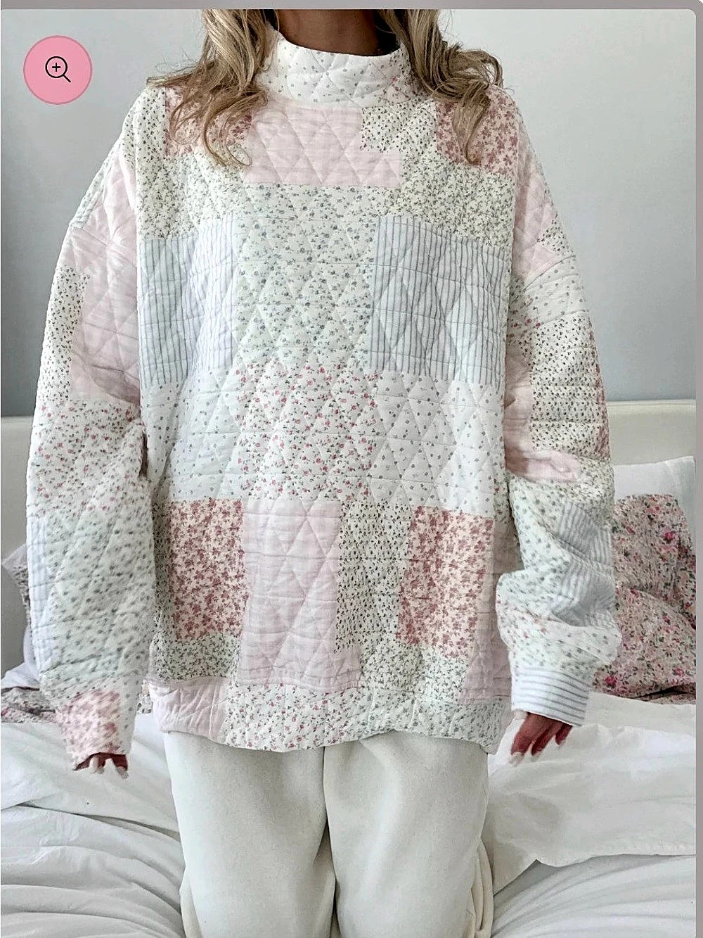 Sunkissed Coconut Margo Quilted Patchwork Mockneck Sweatshirt in Pink & White